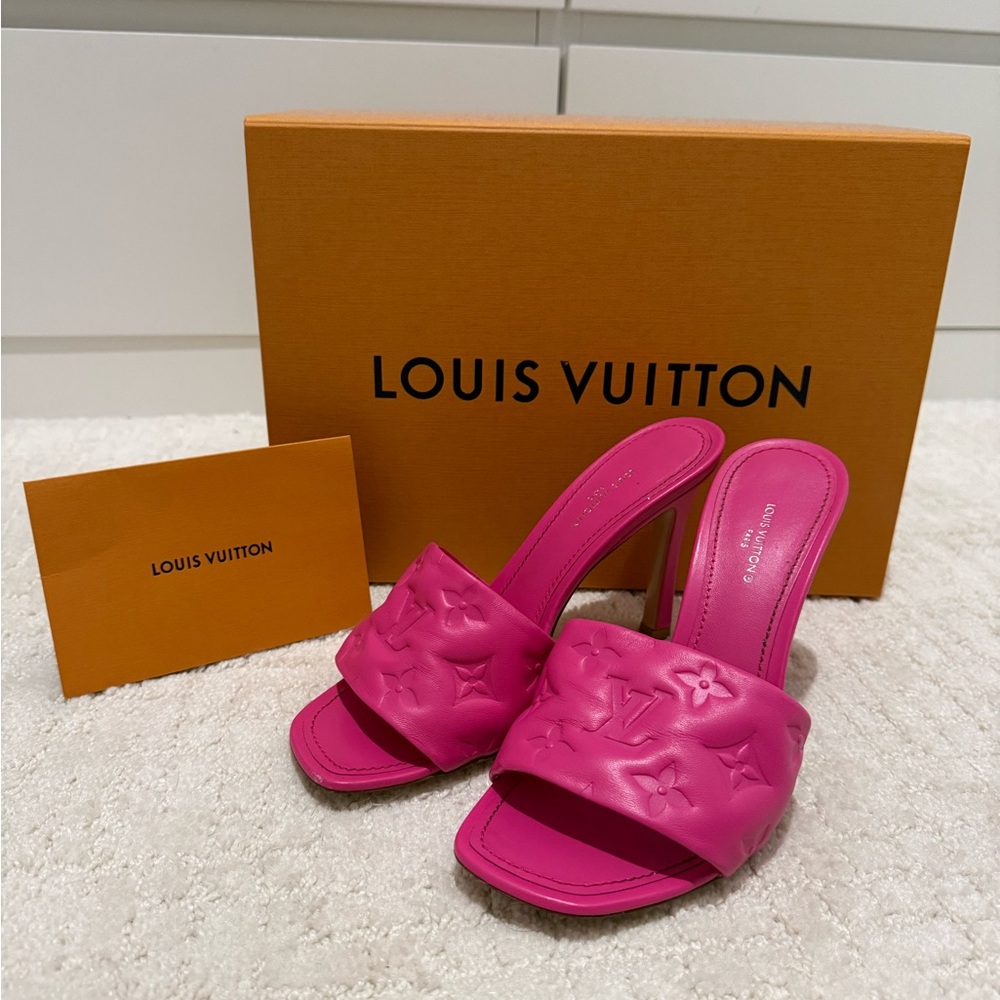 Louis Vuitton Lambskin Embossed Monogram Revival High Heel Mules 40 Rose Pop